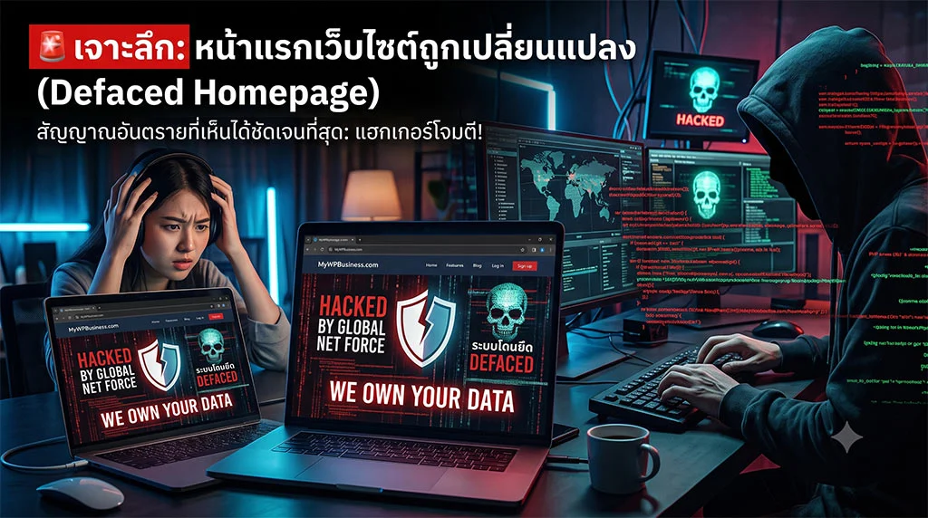 ภาพประกอบข่าวไซเบอร์ซีคิวริตี้ แสดงกราฟิกผู้หญิงดูเครียดและแฮกเกอร์สวมฮู้ดอยู่หน้าจอคอมพิวเตอร์ที่แสดงหน้าเว็บไซต์ที่ถูกแฮก มีพาดหัวภาษาไทย '🚨 เจาะลึก: หน้าแรกเว็บไซต์ถูกเปลี่ยนแปลง (Defaced Homepage)' และข้อความขนาดใหญ่บนหน้าเว็บ 'HACKED BY GLOBAL NET FORCE' และ 'ระบบโดนยึด DEFACED'