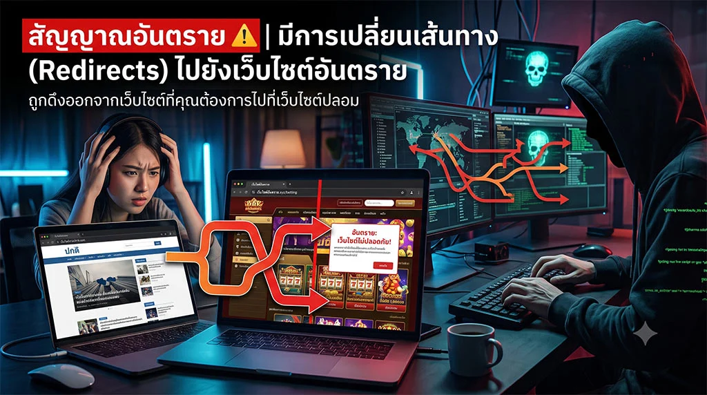 ภาพประกอบข่าวเทคโนโลยี แสดงกราฟิกผู้หญิงดูเครียดและแฮกเกอร์สวมฮู้ดอยู่หน้าจอคอมพิวเตอร์ที่แสดงการเปลี่ยนเส้นทางของเว็บไซต์ มีพาดหัวภาษาไทย 'สัญญาณอันตราย ⚠️ | มีการเปลี่ยนเส้นทาง (Redirects) ไปยังเว็บไซต์อันตราย' แสดงหน้าจอ Dashboard ที่มีข้อความ 'อันตราย: เว็บไซต์ไม่ปลอดภัย!' และหน้าจอเว็บพนันที่มีภาพสล็อตแมชชีนและเหรียญทอง