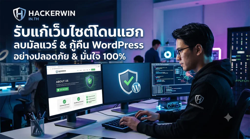 ทีมงานผู้เชี่ยวชาญจาก Hackerwin กำลังตรวจสอบความปลอดภัย กู้คืนเว็บไซต์โดนแฮก และลบมัลแวร์สำหรับระบบ WordPress เพื่อให้เว็บกลับมาใช้งานได้อย่างปลอดภัย