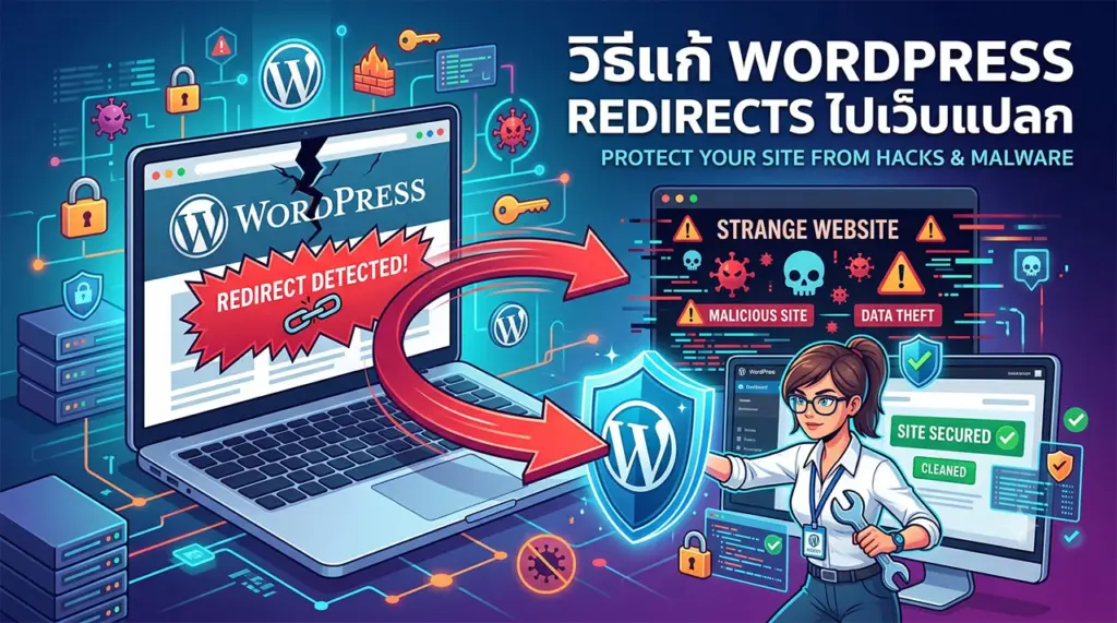 ภาพ วาด จำลอง อธิบาย วิธีแก้ WordPress Redirect ถูก แฮกเกอร์ โจมตี และ เปลี่ยน เส้นทาง ไป ยัง เว็บ แปลกปลอม โดย มี ตัวละคร ผู้เชี่ยวชาญ หญิง ถือ ประแจ ซ่อมแซม ระบบ พร้อม โล่ ป้องกัน สีฟ้า สัญลักษณ์ ความ ปลอดภัย เพื่อ กำจัด มัลแวร์ ทำ ความ สะอาด เซิร์ฟเวอร์ และ ปกป้อง ข้อมูล สำคัญของผู้ใช้งาน