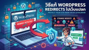 ภาพ วาด จำลอง อธิบาย วิธีแก้ WordPress Redirect ถูก แฮกเกอร์ โจมตี และ เปลี่ยน เส้นทาง ไป ยัง เว็บ แปลกปลอม โดย มี ตัวละคร ผู้เชี่ยวชาญ หญิง ถือ ประแจ ซ่อมแซม ระบบ พร้อม โล่ ป้องกัน สีฟ้า สัญลักษณ์ ความ ปลอดภัย เพื่อ กำจัด มัลแวร์ ทำ ความ สะอาด เซิร์ฟเวอร์ และ ปกป้อง ข้อมูล สำคัญของผู้ใช้งาน