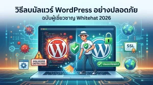กราฟิกดิจิทัลแสดงผู้เชี่ยวชาญ Whitehat กำลังกวาดมัลแวร์ออกจากโลโก้ WordPress บนหน้าจอแล็ปท็อป พร้อมข้อความพาดหัวภาษาไทย "วิธีลบมัลแวร์ WordPress อย่างปลอดภัย ฉบับผู้เชี่ยวชาญ Whitehat 2026" พื้นหลังเป็นเครือข่ายไซเบอร์และสัญลักษณ์ความปลอดภัย
