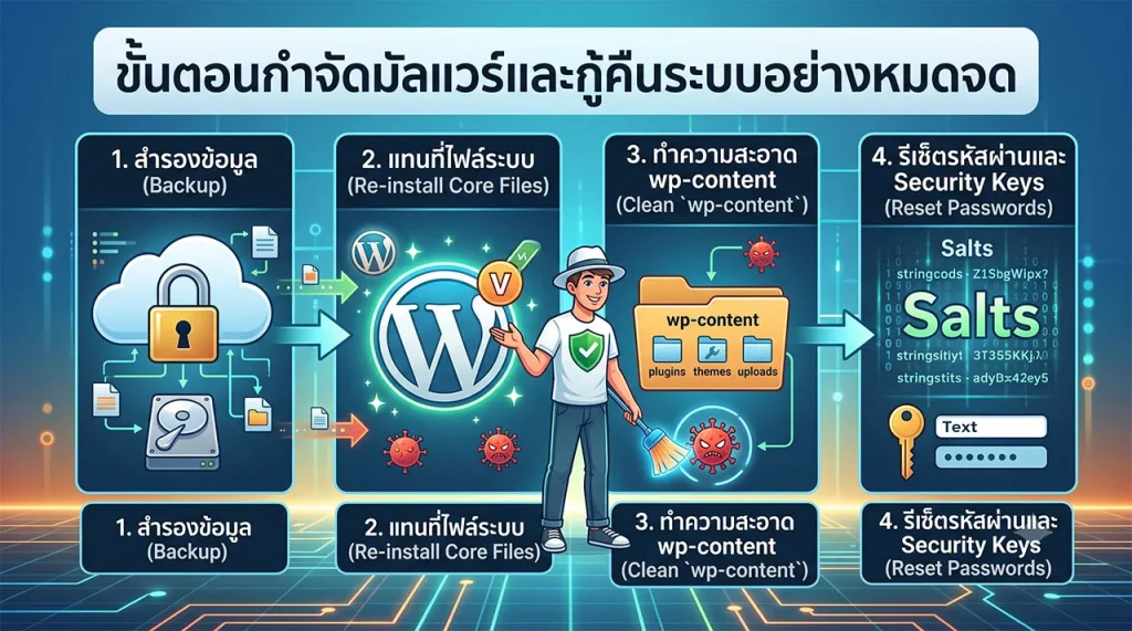 อินโฟกราฟิกดิจิทัลฉบับภาษาไทยและอังกฤษเรื่อง 'ขั้นตอนกำจัดมัลแวร์และกู้คืนระบบอย่างหมดจด' (Thorough malware removal and system restoration steps). กราฟิกนี้แบ่งกระบวนการออกเป็น 4 ขั้นตอนหลัก เริ่มจาก: 1. สำรองข้อมูล (Backup) ด้วยไอคอนคลาวด์และฮาร์ดไดรฟ์; 2. แทนที่ไฟล์ระบบ (Re-install Core Files) ของ WordPress พร้อมไอคอนไวรัสถูกแยกออก; 3. ทำความสะอาด wp-content (Clean wp-content) โฟลเดอร์โดยมีผู้เชี่ยวชาญความปลอดภัย (ตัวละครหมวกขาว) กวาดไวรัสออก; 4. รีเซ็ตรหัสผ่านและ Security Keys (Reset Passwords) แสดงรหัสสุ่ม 'Salts' และฟิลด์ป้อนข้อความ ทั้งหมดอยู่บนพื้นหลังเครือข่ายดิจิทัลสีน้ำเงินและส้ม.