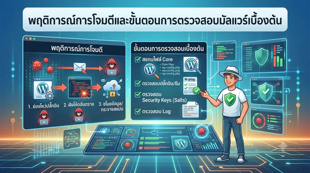 ผู้เชี่ยวชาญด้านความปลอดภัยในหมวกขาว ยืนอยู่หน้าจอโฮโลกราฟิกหลายหน้าจอพร้อมข้อความภาษาไทย 'พฤติการณ์การโจมตีและขั้นตอนการตรวจสอบมัลแวร์เบื้องต้น' ที่ด้านบน. ฉากประกอบด้วยสองส่วนหลัก: ด้านซ้ายแสดง 'พฤติการณ์การโจมตี' (ขั้นตอน: ช่องโหว่ปลั๊กอิน, ฝังโค้ดอันตราย, ขโมยข้อมูล/กระจายสแปม) พร้อมไอคอนแฮกเกอร์และไวรัส; ด้านขวาแสดง 'ขั้นตอนการตรวจสอบเบื้องต้น' พร้อมรายการตรวจสอบ (สแกนไฟล์ Core, ตรวจสอบปลั๊กอิน/ธีม, ตรวจสอบ Security Keys (Salts), ตรวจสอบ Log) พร้อมไอคอน. พื้นหลังเป็นเครือข่ายไซเบอร์ที่เรืองแสงสีน้ำเงินและส้ม พร้อมข้อมูลเรียลไทม์และสัญลักษณ์ความปลอดภัย.