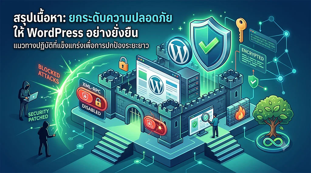ภาพประกอบดิจิทัลไอโซเมตริกสรุปเนื้อหาการยกระดับความปลอดภัยให้ WordPress อย่างยั่งยืน เปรียบเว็บไซต์เป็นป้อมปราการที่แข็งแกร่ง มีโล่ป้องกันขนาดใหญ่พร้อมโลโก้ W, แสดงการบล็อกการโจมตี (Blocked Attacks), การปิด XML-RPC (XML-RPC Disabled), และการเข้ารหัสข้อมูล (Encrypted) เพื่อการปกป้องระยะยาว