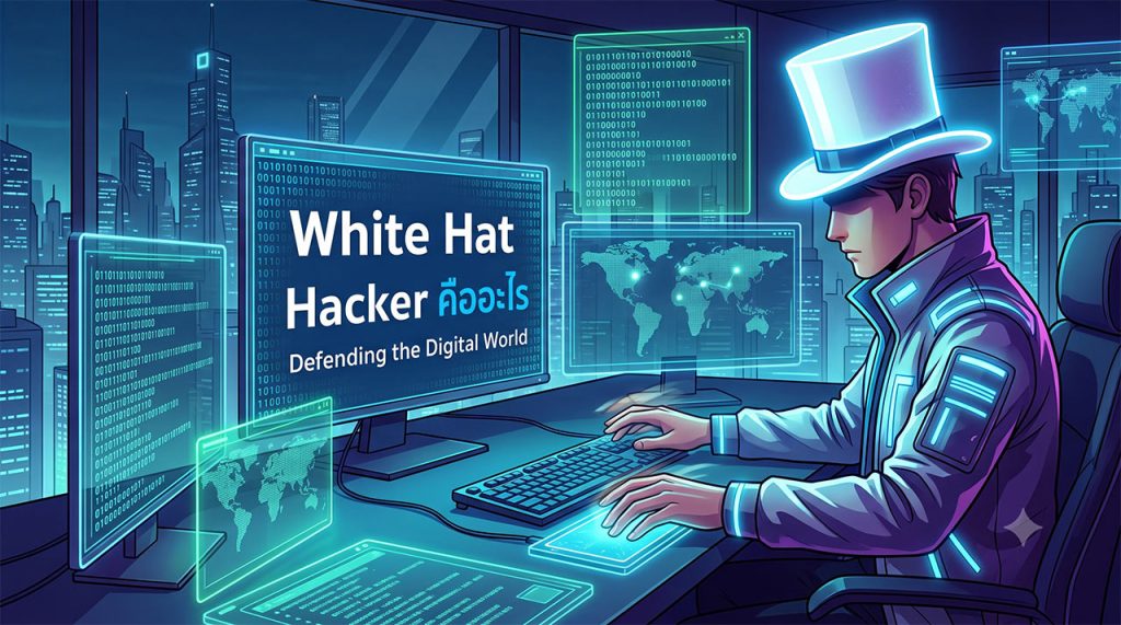 ภาพประกอบดิจิทัลสไตล์นีออน-ไซเบอร์พังก์ แสดงแฮกเกอร์หมวกขาว (White Hat Hacker) สวมหมวกทรงสูงสีขาวเรืองแสงและเสื้อแจ็คเก็ตเทคโนโลยี นั่งทำงานอยู่หน้าคอมพิวเตอร์และหน้าจอโฮโลกราฟิกหลายหน้าจอที่แสดงข้อมูลเครือข่ายและแผนที่โลกในห้องทำงานไฮเทค หน้าจอหลักตรงกลางแสดงข้อความภาษาไทยและอังกฤษว่า "White Hat Hacker คืออะไร Defending the Digital World" ท่ามกลางวิวเมืองยามค่ำคืน