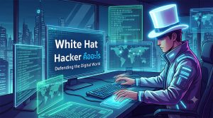 ภาพประกอบดิจิทัลสไตล์นีออน-ไซเบอร์พังก์ แสดงแฮกเกอร์หมวกขาว (White Hat Hacker) สวมหมวกทรงสูงสีขาวเรืองแสงและเสื้อแจ็คเก็ตเทคโนโลยี นั่งทำงานอยู่หน้าคอมพิวเตอร์และหน้าจอโฮโลกราฟิกหลายหน้าจอที่แสดงข้อมูลเครือข่ายและแผนที่โลกในห้องทำงานไฮเทค หน้าจอหลักตรงกลางแสดงข้อความภาษาไทยและอังกฤษว่า "White Hat Hacker คืออะไร Defending the Digital World" ท่ามกลางวิวเมืองยามค่ำคืน