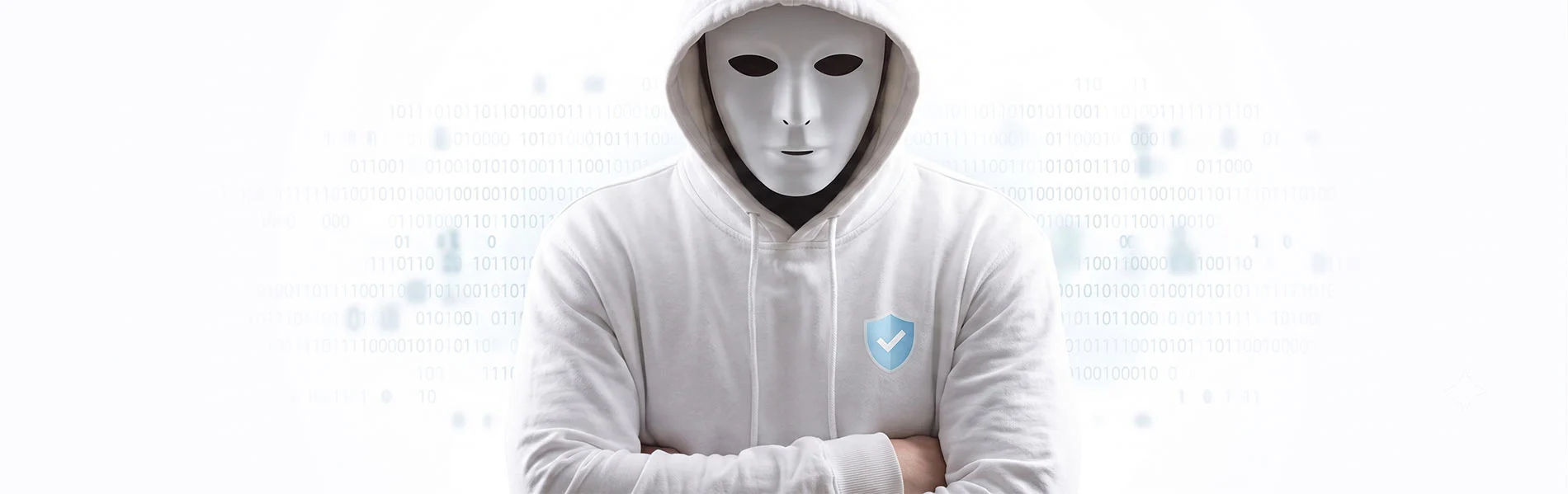 A white hat hacker wearing a white hoodie and a blank white mask with a blue security shield emblem on the chest, standing against a bright white background with faint binary code.