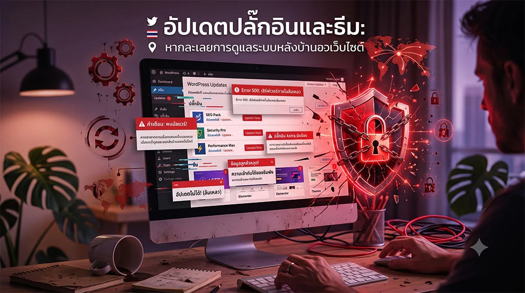 ภาพประกอบบทความเรื่องความสำคัญของการดูแลเว็บไซต์ แสดงคนนั่งทำงานหน้าจอคอมพิวเตอร์ที่มืด มีข้อความภาษาไทยด้านบนว่า "🚀 อัปเดตปลั๊กอินและธีม: หากละเลยการดูแลระบบหลังบ้านของเว็บไซต์" บนหน้าจอแดชบอร์ด WordPress เต็มไปด้วยป๊อปอัปแจ้งเตือนสีแดงที่มีข้อความข้อผิดพลาด เช่น "คำเตือน: พบข้อผิดพลาดร้ายแรง!", "Error 500: เว็บไซต์ไม่สามารถโหลดได้", และ "เว็บไซต์ล่ม!". รอบๆ หน้าจอมีองค์ประกอบกราฟิกสีแดงที่แตกหัก รวมถึงเฟืองเกียร์ที่เสียหาย แผนที่โลกแสดงเครือข่ายโจมตี และโล่ป้องกันที่ถูกทำลายพร้อมโซ่ตรวน บ่งบอกถึงความโกลาหลและความล้มเหลวในการป้องกัน บรรยากาศดูเคร่งเครียดและยุ่งเหยิงด้วยสายไฟและแก้วกาแฟบนโต๊ะ