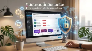 ภาพประกอบหน้าจอคอมพิวเตอร์แสดงแดชบอร์ด WordPress หน้า "อัปเดตปลั๊กอินและธีม" ในภาษาไทย พร้อมรายการปลั๊กอินและธีมที่รอการอัปเดต เช่น SEO, Security และ Astra มีไอคอนอัปเดตและโล่ป้องกันสีทองพร้อมแม่กุญแจแสดงความปลอดภัย และมือคนกำลังคลิกเมาส์เพื่ออัปเดต