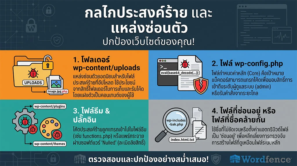 อินโฟกราฟิกภาษาไทย อธิบาย 4 จุดซ่อนตัวของ แบ็คดอร์ (Backdoor) ใน WordPress: 1. โฟลเดอร์ wp-content/uploads, 2. ไฟล์ wp-config.php, 3. ไฟล์ธีมและปลั๊กอิน (functions.php), 4. ไฟล์ซ่อนและชื่อคล้ายไฟล์ระบบ (wp-includes-bak.php). โลโก้ Wordfence ปรากฏด้านล่าง.