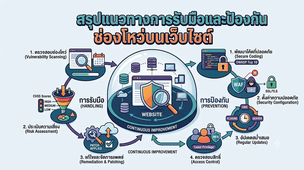 อินโฟกราฟิกภาษาไทย สรุปวงจรการจัดการความปลอดภัยเว็บไซต์ แบ่งเป็น 2 ฝั่งหลัก: "การรับมือ (HANDLING)" (ตรวจสอบช่องโหว่, ประเมินความเสี่ยง, แก้ไขแพตช์) และ "การป้องกัน (PREVENTION)" (พัฒนาโค้ดปลอดภัย, ตั้งค่า WAF/SSL, อัปเดตสม่ำเสมอ, ตรวจสอบสิทธิ์ MFA/Least Privilege). ศูนย์กลางเป็น WEBSITE พร้อม "CONTINUOUS IMPROVEMENT".