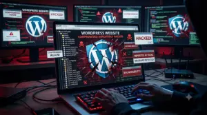 ภาพจำลองหน้าจอโปรแกรมเมอร์ที่กำลังตรวจสอบระบบหลังบ้านของ WordPress โดยมีป๊อปอัปแจ้งเตือนการถูกแฮกซ้ำและตรวจพบมัลแวร์อันตราย