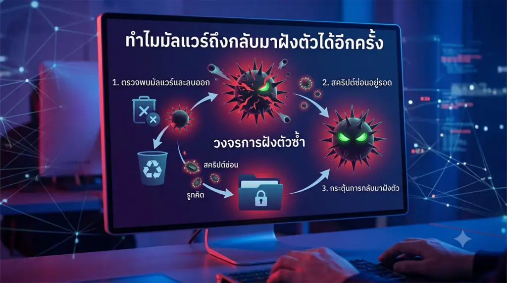 แผนผังแบบอินโฟกราฟิกบนหน้าจอคอมพิวเตอร์ แสดงวงจรสาเหตุที่มัลแวร์กลับมาฝังตัวในระบบซ้ำหลังการล้างออก
