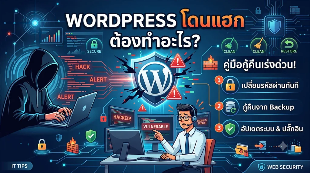 ภาพกราฟิกอธิบายขั้นตอนการรับมือและกู้คืนเว็บไซต์ WordPress โดนแฮก พร้อมคำแนะนำด้านความปลอดภัย 16:9