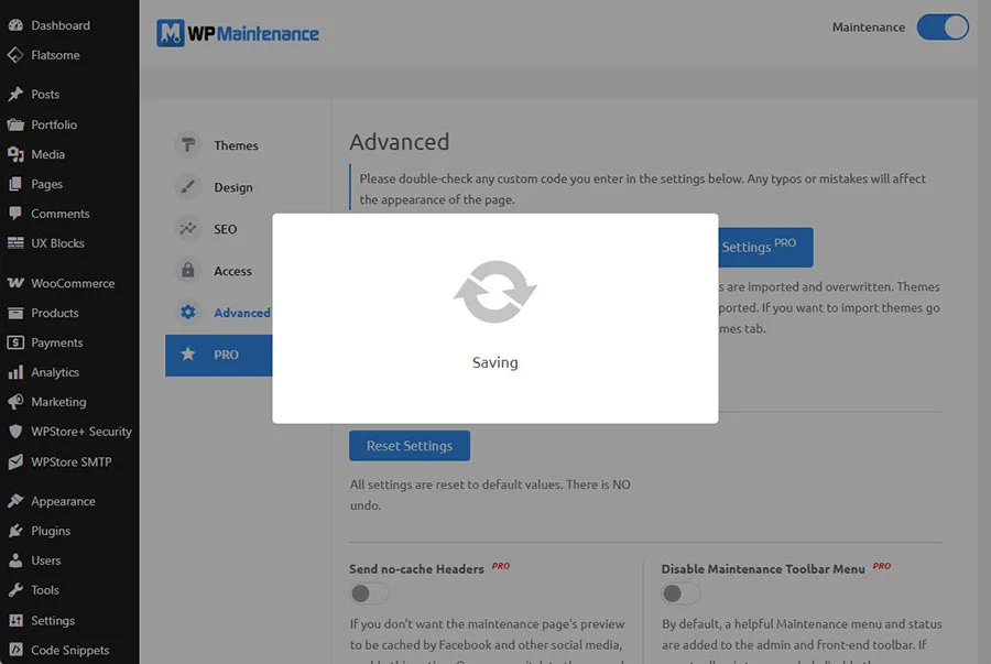ภาพหน้าจอมุมมองระบบหลังบ้าน WordPress ขณะตั้งค่าเปิดการใช้งานปลั๊กอิน WP Maintenance เพื่อปิดเว็บไซต์ชั่วคราว