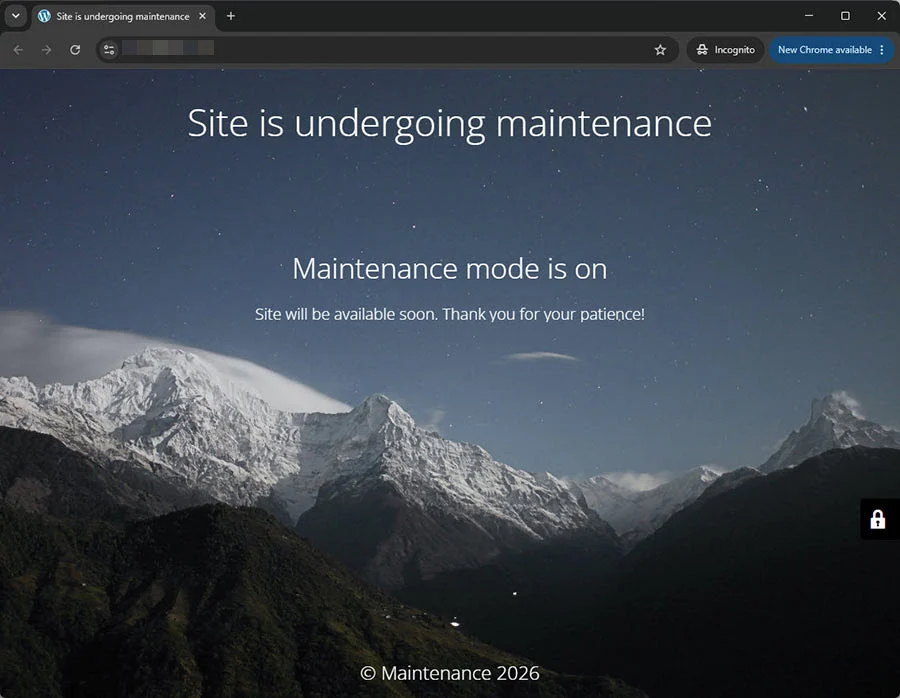 ภาพตัวอย่างหน้าเว็บไซต์ WordPress ที่กำลังเปิดโหมดบำรุงรักษา (Maintenance Mode) เพื่อระงับการเข้าถึงชั่วคราวเมื่อเว็บโดนแฮก